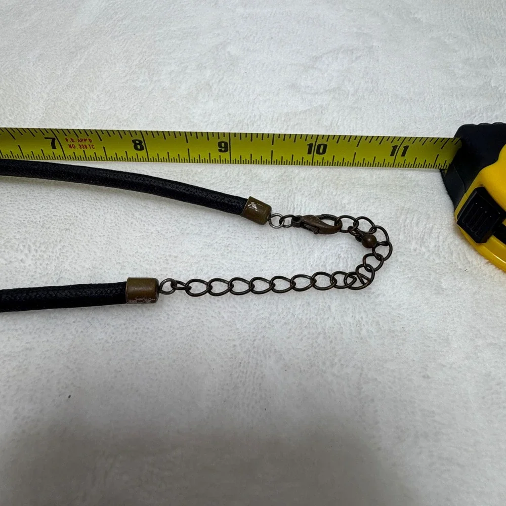 Vintage Brutalist Statement Necklace Black Cabochon Silver‎ Tone Medallion Cord